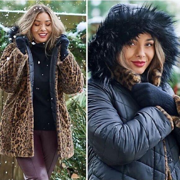 dennis basso Jackets & Blazers - Reversible Dennis Basso Coat - Black Puffer & Faux Fur Leapord Print Size XXS